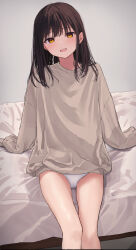Rule 34 | 1girl, akipeko, arm support, bare legs, bed, bed sheet, black hair, blush, feet out of frame, grey shirt, head tilt, highres, long hair, long sleeves, looking at viewer, no pants, on bed, original, panties, shirt, sitting, sleeves past fingers, sleeves past wrists, smile, solo, straight hair, teeth, underwear, upper teeth only, white panties