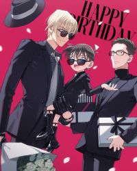 3boys, :d, amuro tooru, bangs, belt, black-framed eyewear, black belt, black eyes, black footwear, black gloves, black hair, black headwear, black jacket, black legwear, black pants, black shirt, black suit, blonde hair, blouse, blue eyes, blurry, bouquet, box, brown hair, carrying, carrying person, child, closed mouth, collared shirt, commentary, commentary request, dated commentary, depth of field, edogawa conan, english commentary, english text, engrish commentary, flower, formal, gift, gloves, grey necktie, hair between eyes, happy birthday, hat, height difference, highres, holding, holding bouquet, holding box, holding gift, jacket, k (gear labo), kazami yuuya, long sleeves, looking at viewer, male focus, meitantei conan, mixed-language commentary, multiple boys, necktie, open clothes, open jacket, open mouth, pants, pink background, rectangular eyewear, round eyewear, serious, shin strap, shirt, shirt tucked in, shoes, short hair, simple background, smile, socks, split mouth, standing, suit, sunglasses, turtleneck, white flower