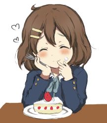 Rule 34 | 1girl, ^ ^, blue ribbon, blush, brown hair, cake, closed eyes, finger to mouth, food, fork, fruit, hair ornament, hairclip, heart, highres, hirasawa yui, hitode, k-on!, plate, ribbon, school uniform, short hair, simple background, smile, solo, strawberry, table, white background