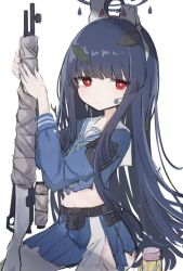 Rule 34 | 1girl, animal ears, black hair, blue archive, blue serafuku, blush, collared shirt, commentary, english commentary, fake animal ears, gun, halo, highres, holding, holding weapon, le xue, leaf, leaf on head, long hair, long sleeves, looking at viewer, miyu (blue archive), pantyhose, red eyes, rifle, school uniform, serafuku, serious, shirt, skirt, solo, torn clothes, torn shirt, torn skirt, upper body, weapon, white pantyhose