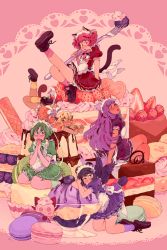 Rule 34 | 5girls, ;p, aizawa mint, animal ears, apron, bird tail, black hair, black wings, blonde hair, blueberry, blush, bow, braid, brown dress, brown eyes, cake, cat ears, cat tail, commentary, dog ears, dog tail, doily, double bun, dress, english commentary, feathered wings, fong pudding, food, fork, frilled apron, frills, fruit, fujiwara zakuro, glasses, green bow, green dress, green eyes, green hair, green legwear, own hands clasped, headdress, heart, holding, holding fork, ice cream, kneeling, leg up, crossed legs, legs up, long hair, lying, macaron, midorikawa lettuce, momomiya ichigo, multiple girls, on stomach, one eye closed, orange dress, oversized food, oversized object, own hands together, pink background, pink bow, pink eyes, pink hair, pudding, puffy short sleeves, puffy sleeves, purple dress, purple eyes, purple hair, purple legwear, rii abrego, round eyewear, shoes, short hair, short sleeves, sitting, socks, strawberry, tail, tokyo mew mew, tongue, tongue out, twin braids, waitress, wariza, white apron, wings, yellow legwear