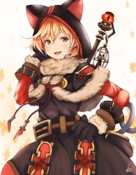 Rule 34 | 1girl, :3, :d, animal ears, animal hood, belt, black capelet, black dress, black gloves, blonde hair, brown eyes, capelet, commentary request, cosplay, cowboy shot, djeeta (granblue fantasy), dress, fake animal ears, floral background, fur collar, fur trim, gloves, granblue fantasy, hair between eyes, hand up, highres, hood, kuronekodoushi, kuronekodoushi (cosplay), long sleeves, looking at viewer, nekomancer (granblue fantasy), open mouth, short hair, sidelocks, signature, smile, solo, standing, suzume (simple0091), tail, white background