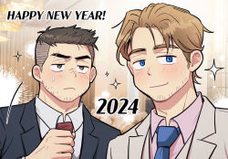 Rule 34 | 2024, 2boys, adjusting clothes, adjusting necktie, bara, beard stubble, black eyes, black hair, blonde hair, blush, couple, david king (dead by daylight), dead by daylight, english text, eyebrow cut, facial hair, felix richter, formal, hair slicked back, happy new year, highres, husband and husband, indoors, looking at viewer, male focus, multiple boys, necktie, new year, short hair, smile, sparkle, sparkle background, sparse stubble, stubble, suit, undercut, upper body, wasted m9, yaoi