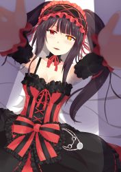 Rule 34 | 1girl, absurdres, arm warmers, armpits, bare shoulders, black dress, black hair, blush, breasts, clock eyes, collarbone, date a live, dress, hair ribbon, headdress, heterochromia, highres, long hair, looking at viewer, medium breasts, on bed, open mouth, red dress, red eyes, ribbon, shaketarako, sidelocks, smile, solo, strapless, strapless dress, symbol-shaped pupils, tokisaki kurumi, twintails, yellow eyes