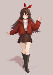 Rule 34 | 1girl, :d, alternate costume, amber (genshin impact), black footwear, black skirt, boots, brown hair, commentary, contemporary, genshin impact, grin, hair between eyes, hairband, highres, jacket, knee boots, long hair, long sleeves, looking at viewer, open clothes, open jacket, open mouth, plaid, plaid skirt, red jacket, shirt, sidelocks, skirt, smile, solo, suke, waving, white shirt