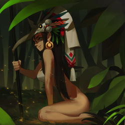 Rule 34 | 1girl, :d, bandeau, bare legs, bare shoulders, barefoot, bottomless, breasts, brown eyes, brown hair, earrings, forest, from side, geolim, glowing, glowing eyes, grass, grin, hair between eyes, headwear request, highres, holding, holding weapon, image sample, jewelry, jungle, large breasts, long hair, looking at viewer, matching hair/eyes, nature, nose, open mouth, original, plant, polearm, seiza, sitting, smile, solo, spear, tribal, weapon, yellow eyes