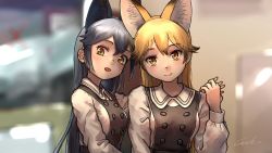 Rule 34 | 2girls, :d, alternate costume, animal ear fluff, animal ears, blonde hair, blurry, blurry background, brown hair, buttons, commentary, double-breasted, extra ears, ezo red fox (kemono friends), fox ears, gradient hair, grey hair, hair between eyes, highres, holding hands, kemono friends, long hair, long sleeves, looking at viewer, multicolored hair, multiple girls, open mouth, signature, silver fox (kemono friends), smile, upper body, welt (kinsei koutenkyoku), yellow eyes