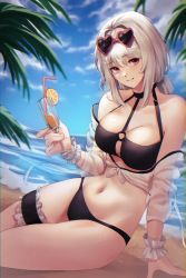 Rule 34 | 1girl, arm support, azur lane, bare shoulders, beach, bikini, black bikini, black choker, blue sky, breasts, choker, cleavage, closed mouth, cloud, collarbone, commentary, cowboy shot, cup, day, drinking straw, eyewear on head, groin, hair between eyes, heart, heart-shaped eyewear, highres, holding, holding cup, jacket, large breasts, looking at viewer, navel, netural, o-ring, o-ring top, ocean, off shoulder, official alternate costume, outdoors, palm leaf, pink-framed eyewear, red eyes, scrunchie, see-through, shadow, short hair, sidelocks, sirius (azur lane), sirius (scorching-hot seirios) (azur lane), sitting, sky, smile, solo, stomach, sunglasses, swimsuit, thigh strap, tied jacket, white hair, white scrunchie, wrist scrunchie, yokozuwari