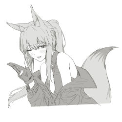 Rule 34 | 1girl, absurdres, animal ear fluff, animal ears, arknights, bare shoulders, blush, braid, breasts, commentary request, fox ears, fox tail, franka (arknights), gloves, greyscale, hair between eyes, highres, jacket, kyoro (kyoroillust), long hair, looking at viewer, medium breasts, monochrome, necktie, one eye closed, open clothes, open jacket, open mouth, partially fingerless gloves, ponytail, shirt, sleeveless, sleeveless shirt, solo, tail, very long hair