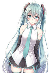 Rule 34 | 1girl, ahoge, akira (been0328), bad id, bad pixiv id, bare shoulders, black skirt, black sleeves, black thighhighs, blush, collared shirt, commentary request, detached sleeves, dutch angle, green eyes, green hair, green necktie, hair between eyes, hair ornament, hatsune miku, long sleeves, looking at viewer, necktie, parted lips, pleated skirt, shirt, simple background, skirt, sleeveless, sleeveless shirt, sleeves past fingers, sleeves past wrists, solo, thighhighs, twintails, vocaloid, white background, white shirt