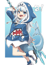 Rule 34 | 1girl, :d, absurdres, animal costume, animal hood, ankle socks, blue eyes, blue hair, blue hoodie, blue nails, blue socks, commentary, drawstring, fins, fish tail, gawr gura, gawr gura (1st costume), gazacy (dai), highres, holding, holding weapon, hololive, hololive english, hood, hood up, hoodie, leg up, letter, long hair, long hoodie, long sleeves, looking at viewer, multicolored hair, nail polish, open mouth, polearm, shark costume, shark hood, sharp teeth, shoes, silver hair, smile, socks, solo, standing, standing on one leg, streaked hair, tail, teeth, trident, virtual youtuber, weapon, white footwear