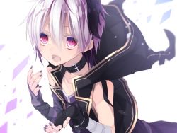 Rule 34 | 1girl, androgynous, bandages, bare shoulders, black gloves, black hair, collarbone, fingerless gloves, flat chest, flower (vocaloid), flower (vocaloid4), from above, gloves, hair between eyes, highres, hood, hoodie, looking at viewer, looking up, multicolored hair, nail polish, open mouth, pink eyes, pink hair, purple nails, simple background, solo, two-tone hair, upper body, v4x, vocaloid, white background, xiao (pixiv4032523)