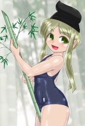Rule 34 | 1girl, alternate costume, bamboo, bamboo shoot, between legs, blurry, depth of field, green eyes, green hair, looking at viewer, one-piece swimsuit, open mouth, school swimsuit, smile, solo, standing, swimsuit, teireida mai, touhou, winn
