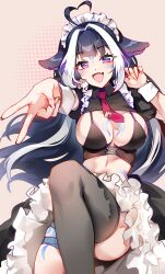 Rule 34 | 1girl, absurdres, ahoge, animal ears, apron, ass, black bra, black hair, black skirt, blush, body markings, bra, breasts, cleavage, facial mark, fang, foxyreine, frilled apron, frills, heart, heart ahoge, highres, indie virtual youtuber, large breasts, long hair, looking at viewer, maid headdress, multicolored hair, open mouth, orca girl, puffy short sleeves, puffy sleeves, purple eyes, short sleeves, shylily, sidelocks, skin fang, skirt, smile, solo, streaked hair, thigh strap, thighs, underwear, v, virtual youtuber, waist apron, white apron, white hair, wrist cuffs