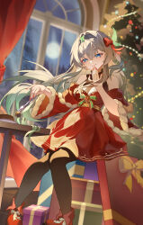 1girl absurdres alternate_costume aqua_hair black_hairband black_pantyhose box breasts chinese_commentary christmas_present christmas_tree cleavage commentary_request dress ederh firefly_(honkai:_star_rail) food_in_mouth fork gift gift_box grey_hair hair_ribbon hairband highres holding holding_fork honkai:_star_rail honkai_(series) indoors long_hair medium_breasts moon multicolored_hair night night_sky pantyhose red_dress red_footwear red_nails red_ribbon ribbon shoes sky solo table two-tone_hair