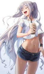 Rule 34 | 1girl, ak-12 (girls&#039; frontline), alternate costume, braid, commentary request, crop top, cup, denim, denim shorts, drinking straw, closed eyes, french braid, girls&#039; frontline, hand under clothes, hand under shorts, highres, holding, holding cup, long hair, midriff, navel, niac, open mouth, ponytail, shirt, short shorts, short sleeves, shorts, sidelocks, silver hair, simple background, smile, solo, standing, sweatband, teeth, upper teeth only, very long hair, water drop, white shirt