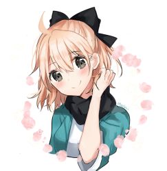 Rule 34 | 1girl, ahoge, black bow, black scarf, blonde hair, blush, bow, closed mouth, commentary, english commentary, fate (series), hair bow, head tilt, koha-ace, looking at viewer, mochii, okita souji (fate), okita souji (koha-ace), scarf, short hair, signature, smile, solo, upper body, white background