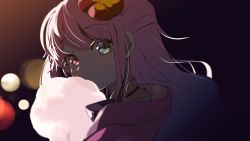 Rule 34 | 1girl, blurry, cotton candy, eating, from side, green eyes, hair ornament, heterochromia, highres, himemori luna, hololive, jacket, looking at viewer, pink eyes, pink hair, pink jacket, portrait, ronin (zeth total), solo, virtual youtuber