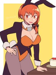 Rule 34 | 1girl, animal ears, artist name, blush, border, bow, breasts, cake, cleavage, cowboy shot, detached collar, do m kaeru, fake animal ears, fake tail, female focus, fire emblem, fire emblem: three houses, food, fruit, hair between eyes, hair bow, hand on own hip, highleg, highleg leotard, large breasts, leonie pinelli, leotard, long hair, long sleeves, looking at viewer, matching hair/eyes, nintendo, open mouth, orange eyes, orange hair, orange leotard, pantyhose, playboy bunny, rabbit ears, rabbit tail, side ponytail, simple background, solo, standing, strapless, strapless leotard, strawberry, table, tail, tongue, twitter username, watermark, white border, yellow background