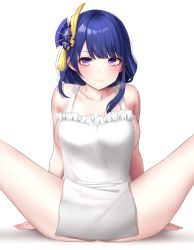 Rule 34 | 1girl, apron, arm support, bare shoulders, blue hair, blunt bangs, blush, breasts, closed mouth, collarbone, feet out of frame, flower, frilled apron, frills, genshin impact, gweda, hair flower, hair ornament, highres, large breasts, long hair, looking at viewer, mole, mole under eye, naked apron, purple eyes, purple flower, raiden shogun, sideboob, sidelocks, sitting, solo, spread legs, white apron