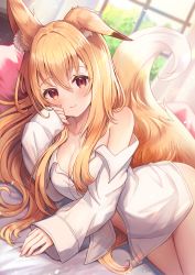 Rule 34 | 1girl, animal ear fluff, animal ears, blonde hair, blurry, blurry background, blush, bottomless, breasts, brown eyes, collarbone, commentary request, day, dress shirt, fox ears, fox girl, fox tail, hair between eyes, highres, indoors, large breasts, long hair, long sleeves, naked shirt, off shoulder, on bed, original, pillow, sakura ani, shirt, sidelocks, single bare shoulder, sleeves past wrists, smile, solo, tail, white shirt, window