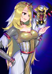 Rule 34 | 1girl, :d, alternate color, armlet, blonde hair, bodysuit, bracelet, breasts, brown choker, choker, cleavage, collarbone, cowboy shot, creatures (company), cynthia (pokemon), cynthia (sygna suit) (renegade) (pokemon), game freak, gen 4 pokemon, giratina, giratina (altered), grey eyes, hadairo rainbow, hand on own hip, highres, jewelry, legendary pokemon, long hair, medium breasts, nintendo, official alternate costume, open mouth, pokemon, pokemon (creature), pokemon dppt, pokemon masters ex, purple background, smile, solo, standing, very long hair