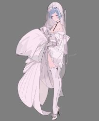 Rule 34 | 1girl, blue hair, bob cut, bridal veil, brown eyes, dress, flower, full body, girls&#039; frontline, grey background, hair flower, hair ornament, headband, high heels, highres, jewelry, looking at viewer, necklace, nineo, official alternate costume, plantar flexion, short hair, signature, solo, thighhighs, veil, wedding dress, white dress, white thighhighs, zas m21 (affections behind the bouquet) (girls&#039; frontline), zas m21 (girls&#039; frontline)