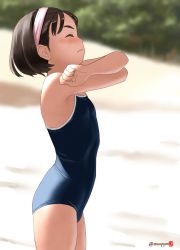 Rule 34 | 1girl, artist logo, beach, black hair, blue one-piece swimsuit, blurry, breasts, clip studio paint (medium), closed eyes, commentary request, competition school swimsuit, cowboy shot, day, depth of field, hairband, highres, mu-pyon, one-piece swimsuit, original, outdoors, pink hairband, school swimsuit, shirt, short hair, small breasts, solo, stretching, swimsuit, twitter username