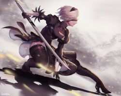 Rule 34 | 1girl, black dress, boots, breasts, cleavage, cleavage cutout, closed mouth, clothing cutout, dress, full body, gloves, headband, high heels, holding, holding sword, holding weapon, katana, large breasts, nier:automata, nier (series), profile, puffy sleeves, silver hair, simple background, solo, stellarien, sword, thigh boots, thighhighs, weapon, 2b (nier:automata), zettai ryouiki