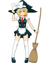 Rule 34 | 1girl, alternate hair length, alternate hairstyle, apron, blonde hair, braid, broom, full body, hat, highres, holding, holding clothes, holding hat, kirisame marisa, mary janes, shoes, smile, solo, thighhighs, touhou, wade99, white background, white thighhighs, witch hat, yellow eyes