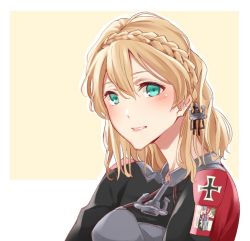 Rule 34 | 10s, 1girl, alternate hairstyle, anchor, anchor hair ornament, asakawa (outeq), bad anatomy, blonde hair, blush, braid, commentary, cross, crown braid, french braid, green eyes, hair between eyes, hair ornament, iron cross, kantai collection, long hair, looking at viewer, military, military uniform, monochrome, parted lips, prinz eugen (kancolle), short hair, simple background, single braid, smile, solo, teeth, uniform, upper body, yellow background