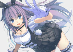 Rule 34 | 1girl, animal ears, black dress, blue eyes, blush, breasts, cleavage, collarbone, commentary request, dress, dutch angle, floating hair, gloves, hair between eyes, irie keisuke (handn), long hair, looking at viewer, medium breasts, neck ribbon, open mouth, original, pinafore dress, purple hair, rabbit ears, rabbit tail, ribbon, shirt, short sleeves, sidelocks, simple background, sleeveless dress, solo, tail, thighhighs, white background, white shirt