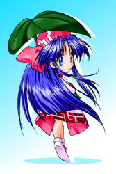 Rule 34 | 1girl, blue background, blue eyes, blush, bow, dress, full body, gradient background, hair bow, holding, holding umbrella, leaf umbrella, long hair, long sleeves, looking at viewer, looking back, nakoruru, no shoes, parted bangs, pink bow, samurai spirits, shoes, solo, tareme, umbrella, very long hair, white dress, white footwear