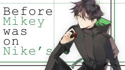 Rule 34 | 1boy, absurdres, black hair, black hoodie, black pants, black shirt, commentary, commentary request, cropped hoodie, eating, english commentary, english text, food, food on face, fruit, fushiguro megumi, green eyes, hair between eyes, highres, holding, holding food, holding fruit, hood, hood down, hoodie, ikag, jujutsu kaisen, knee up, layered sleeves, long sleeves, male focus, pants, shirt, short hair, solo, spiked hair, strawberry