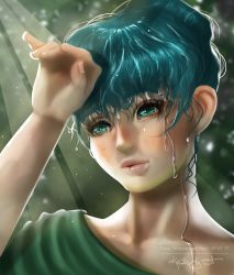 Rule 34 | absurdres, andromacke, arm up, blurry, blurry background, collarbone, foliage, forest, freckles, green eyes, green hair, green shirt, highres, hot, light rays, lips, messy hair, nature, original, outdoors, shirt, short hair, solo, sunbeam, sunlight, sweat, wet, wet hair, wiping forehead