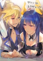 Rule 34 | 1boy, 1girl, belt, blue eyes, blue hair, blush, breasts, choker, cleavage, couple, dizzy (guilty gear), grin, guilty gear, guilty gear xrd, hair between eyes, hair ribbon, holding hands, husband and wife, hyakuhachi (over3), ky kiske, large breasts, long hair, looking at another, looking to the side, ponytail, red eyes, ribbon, simple background, smile, twintails, twitter username, yellow ribbon
