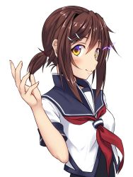 Rule 34 | 1girl, alternate hairstyle, blush, breasts, brown hair, closed mouth, furutaka (kancolle), furutaka kai ni (kancolle), glowing, hair ornament, hairclip, highres, kantai collection, long hair, looking at viewer, neckerchief, noronosuke, ponytail, red neckerchief, school uniform, simple background, small breasts, smile, solo, white background, yellow eyes