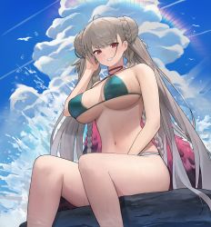 Rule 34 | 1girl, absurdres, azur lane, bare arms, bare legs, bare shoulders, bikini, blue bikini, blue sky, braid, breasts, choker, cloud, double bun, feet out of frame, formidable (azur lane), formidable (the lady of the beach) (azur lane), from below, hair bun, halterneck, hand in own hair, highres, hood (james x), large breasts, long hair, looking at viewer, navel, official alternate costume, outdoors, parted lips, red eyes, red neckwear, sideboob, silver hair, sitting, sky, smile, solo, swimsuit, twin braids, underboob, water