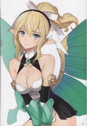 Rule 34 | 1girl, absurdres, bare shoulders, blonde hair, blush, bow, breasts, cleavage, closed mouth, elf, guilty princess, hair bow, hair ornament, highres, long hair, looking at viewer, mechanical wings, medium breasts, page number, pointy ears, ponytail, scan, shiny skin, sidelocks, simple background, sleeveless, smile, solo, thighs, tony taka, white background, wings