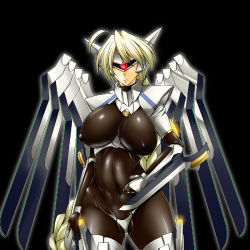 Rule 34 | 1girl, ahoge, arc system works, blade, blazblue, blonde hair, bodysuit, braid, breasts, covered erect nipples, dual wielding, glowing, glowing eyes, holding, huge breasts, impossible clothes, kanten, lambda-11, long hair, maebari, mask, mecha musume, red eyes, shiny clothes, simple background, single braid, skin tight, solo, standing, thick thighs, thighs, turtleneck, wings