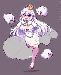 Rule 34 | 1girl, 3others, artist request, breasts, ghost, grey background, hair between eyes, highres, long hair, luigi&#039;s mansion, mario (series), multiple others, nintendo, pointy ears, princess king boo, see-through, simple background, solo, super crown, very long hair