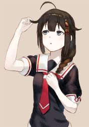 Rule 34 | 10s, 1girl, :o, ahoge, bad id, bad pixiv id, black hair, black serafuku, blue eyes, blush, braid, breasts, commentary request, hair ornament, hair ribbon, hand in own hair, hand on own chest, kantai collection, looking up, monochrome background, necktie, red necktie, red ribbon, ribbon, school uniform, serafuku, shigure (kancolle), shigure kai ni (kancolle), short sleeves, simple background, small breasts, solo, tress ribbon, upper body, wasabi60