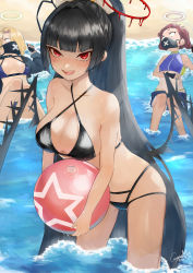 Rule 34 | 3girls, :d, absurdres, alternate hairstyle, ball, beach, beachball, bikini, black bikini, black gloves, black hair, black mask, blonde hair, blue archive, blue bikini, blue jacket, blunt bangs, blush, breasts, collar, fainted, fingerless gloves, gloves, gyamu (chewing-gum), hair over one eye, hair slicked back, halo, highres, holding, holding ball, jacket, long hair, looking at viewer, lying, mask, micro shorts, mouth mask, multiple girls, o o, official alternate costume, on back, open mouth, outdoors, ponytail, red eyes, red hair, sand, seaside sukeban (mg) (blue archive), seaside sukeban (smg) (blue archive), shorts, smile, studded collar, summer, surgical mask, swimsuit, tsurugi (blue archive), tsurugi (swimsuit) (blue archive), very long hair, wading, water, wings