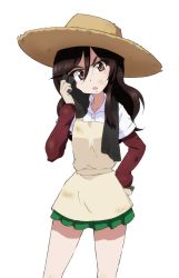 Rule 34 | 1girl, apron, belle (girls und panzer), black shirt, brown hat, collared shirt, commentary, cowboy shot, dirty, dirty clothes, dirty face, frown, girls und panzer, green skirt, hand in own hair, hand on own hip, hat, kayabakoro, layered sleeves, long hair, long sleeves, looking at viewer, miniskirt, open mouth, pleated skirt, shirt, short over long sleeves, short sleeves, skirt, solo, standing, straw hat, sun hat, v-shaped eyebrows, white shirt, yellow apron