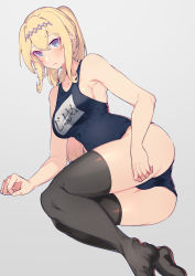 Rule 34 | 1girl, absurdres, alternate costume, armpits, ass, black thighhighs, blonde hair, blue eyes, blue one-piece swimsuit, breasts, character name, commentary request, embarrassed, from side, full body, granblue fantasy, grey background, hair between eyes, hair intakes, hairband, hand on own thigh, hati105, highres, jeanne d&#039;arc (granblue fantasy), legs together, long hair, lying, medium breasts, one-piece swimsuit, parted bangs, parted lips, ponytail, school swimsuit, sidelocks, simple background, solo, sweatdrop, swimsuit, thighhighs, thighs
