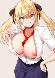 Rule 34 | 1girl, akizuki akina, black choker, black ribbon, blonde hair, blue eyes, blue skirt, breasts, choker, cleavage, closed mouth, clothes pull, collarbone, collared shirt, hair between eyes, hand on own hip, highres, huge breasts, large breasts, long hair, looking at viewer, neckerchief, neckerchief between breasts, nipple slip, nipples, original, partially unbuttoned, pulling own clothes, red neckerchief, ribbon, school uniform, shirt, shirt pull, short sleeves, simple background, skirt, smile, solo, tongue, tongue out, twintails, white shirt