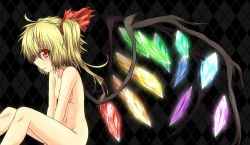 Rule 34 | 1girl, :o, animated, animated png, blonde hair, breasts, collarbone, desukingu, flandre scarlet, g (genesis1556), glowing, glowing wings, hair ribbon, huge filesize, large wings, looking at viewer, md5 mismatch, navel, no headwear, no headwear, nude, open mouth, red eyes, red ribbon, ribbon, short hair, side ponytail, small breasts, solo, touhou, ugoira, v arms, wings