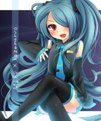 Rule 34 | 1boy, androgynous, blue hair, cosplay, crossover, hair over one eye, hatsune miku, hatsune miku (cosplay), inazuma eleven, inazuma eleven (series), kazemaru ichirouta, crossed legs, male focus, sitting, solo, thighhighs, trap, vocaloid