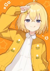 Rule 34 | 1girl, :q, absurdres, ahoge, arm up, blonde hair, closed mouth, collared shirt, commentary request, dress shirt, grey eyes, hair between eyes, hair ornament, hairclip, highres, jacket, looking at viewer, notice lines, open clothes, open jacket, orange background, original, salute, shirt, simple background, smile, smiley face, sofra, solo, star (symbol), starry background, tongue, tongue out, v-shaped eyebrows, white shirt, yellow jacket
