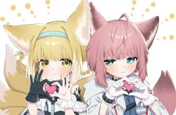 Rule 34 | 2girls, ahoge, animal ears, arknights, black gloves, blonde hair, blue eyes, blue hairband, closed mouth, cross, fox ears, fox girl, fox tail, gloves, hairband, heart, heart hands, highres, kesuk0, looking at viewer, multiple girls, multiple tails, pink hair, red cross, short hair, simple background, single glove, single wrist cuff, smile, sussurro (arknights), suzuran (arknights), tail, white background, white gloves, wrist cuffs, yellow eyes